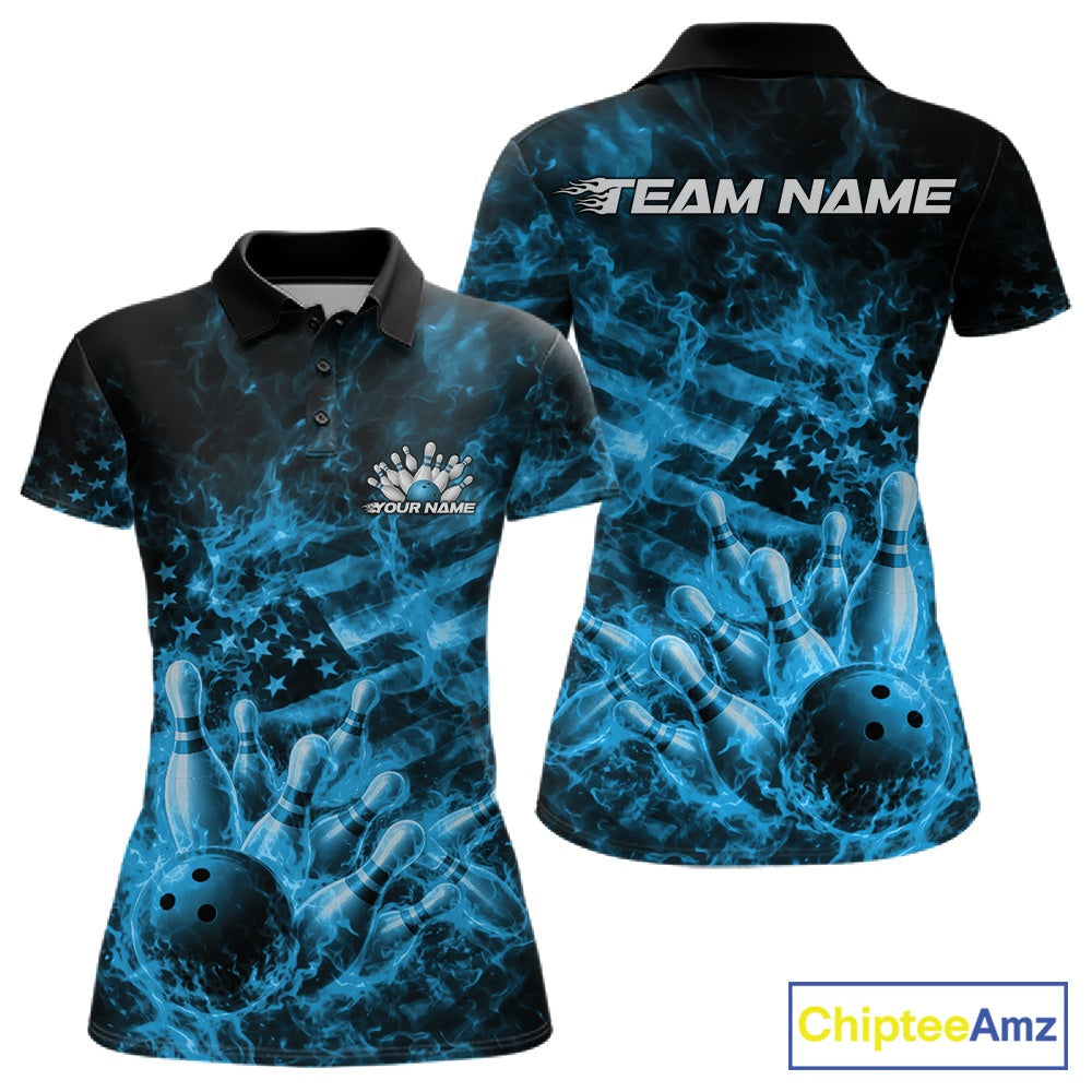 Custom Blue Fire Patriotic Bowling Polo Shirt, American Flag Flame Bowling Jersey
