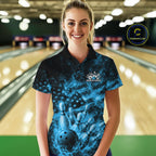 Custom Blue Fire Patriotic Bowling Polo Shirt, American Flag Flame Bowling Jersey