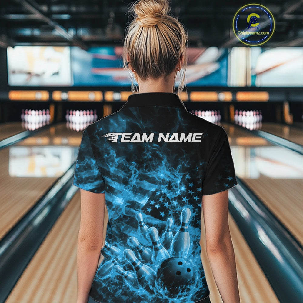 Custom Blue Fire Patriotic Bowling Polo Shirt, American Flag Flame Bowling Jersey