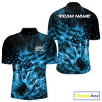 Custom Blue Fire Patriotic Bowling Quarter-Zip Shirt, American Flag Flame Bowling Jersey