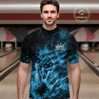 Custom Blue Fire Patriotic Bowling Quarter-Zip Shirt, American Flag Flame Bowling Jersey