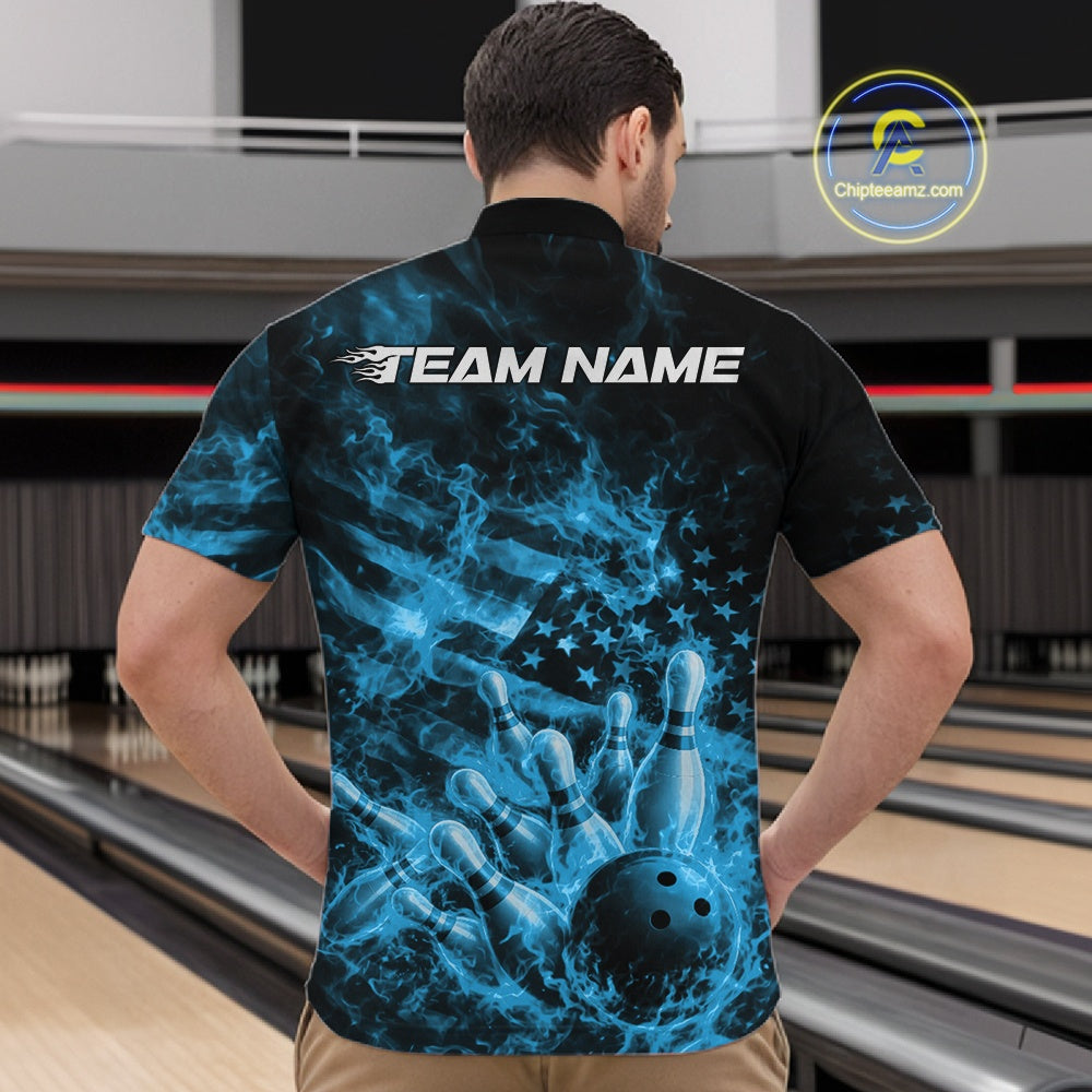 Custom Blue Fire Patriotic Bowling Quarter-Zip Shirt, American Flag Flame Bowling Jersey