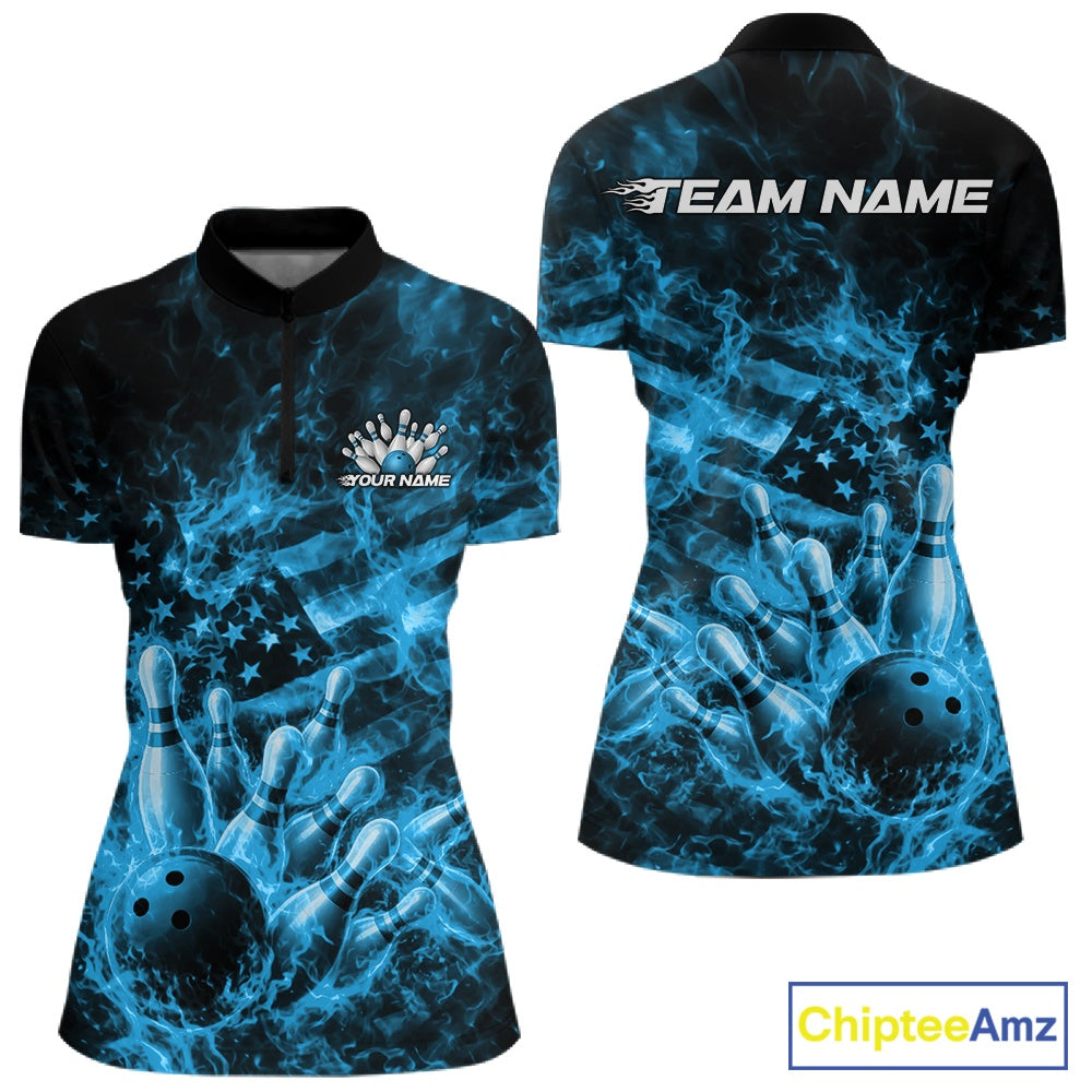 Custom Blue Fire Patriotic Bowling Shirt, American Flag Flame Bowling Jersey