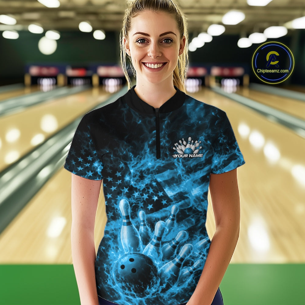 Custom Blue Fire Patriotic Bowling Shirt, American Flag Flame Bowling Jersey