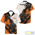 Custom Orange Flame Grunge Bowling And Button Up Shirt, Halftone Hexagon Bowling Shirt