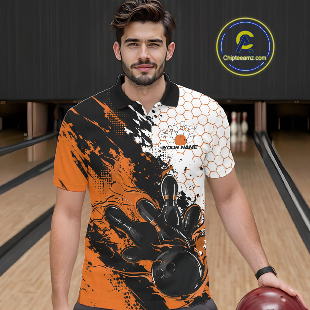 Custom Orange Flame Grunge Bowling Polo Shirt, Halftone Hexagon Bowling Shirt