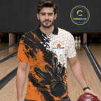 Custom Orange Flame Grunge Bowling Polo Shirt, Halftone Hexagon Bowling Shirt