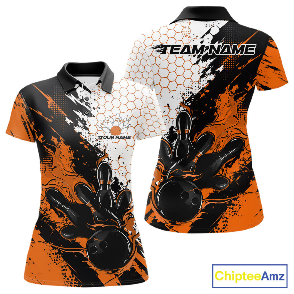 Custom Orange Flame Grunge Bowling Polo Shirt, Halftone Hexagon Bowling Shirt