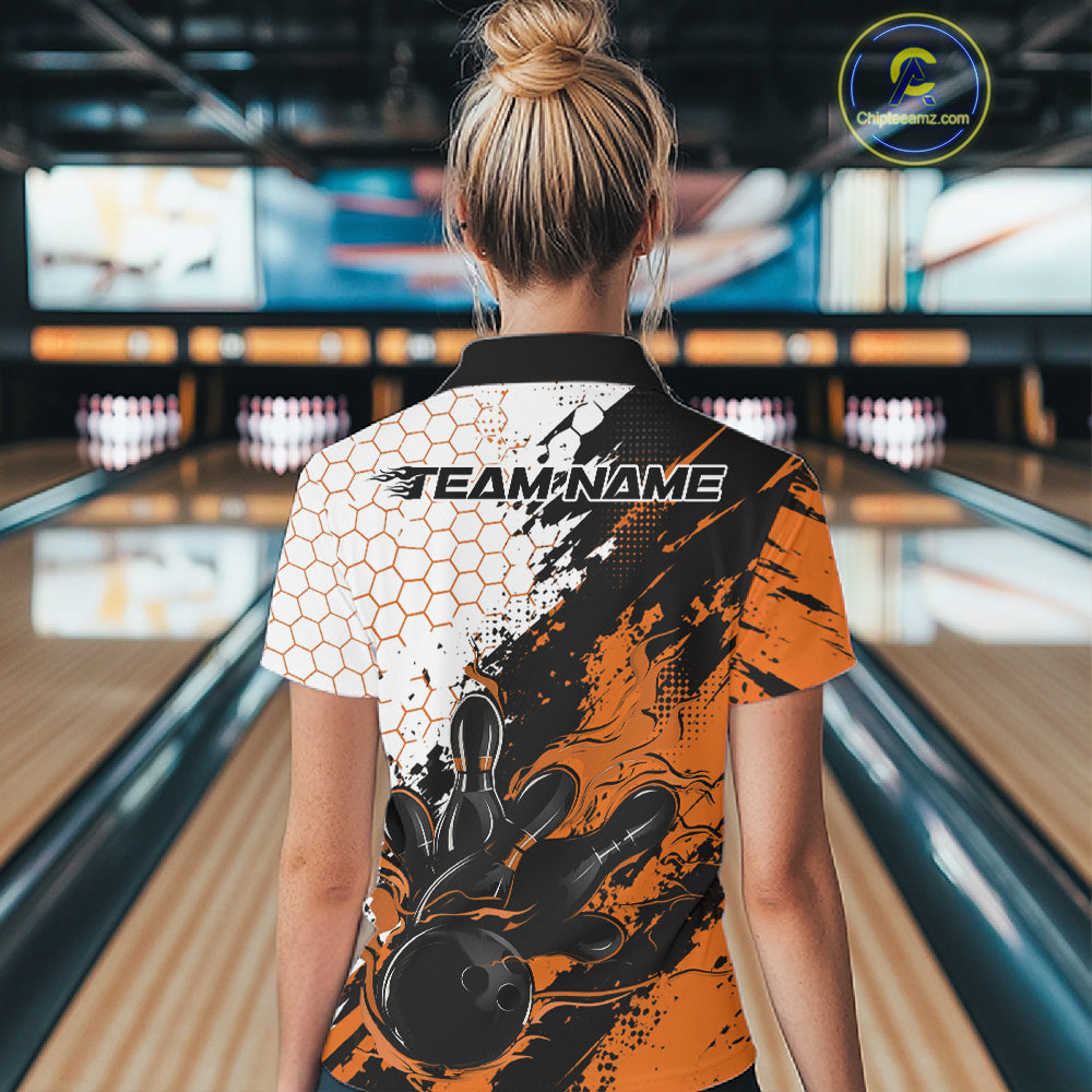 Custom Orange Flame Grunge Bowling Polo Shirt, Halftone Hexagon Bowling Shirt