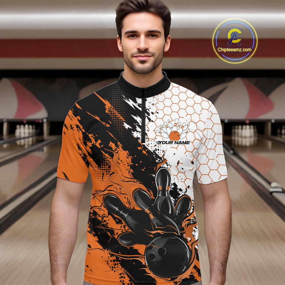 Custom Orange Flame Grunge Bowling Quarter Zip Shirt, Halftone Hexagon Bowling Shirt