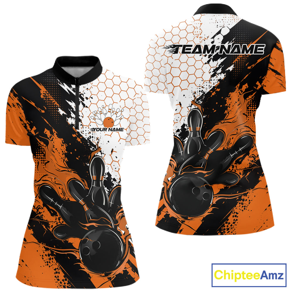 Custom Orange Flame Grunge Bowling Quarter-Zip Shirt, Hexagon Bowling Shirt