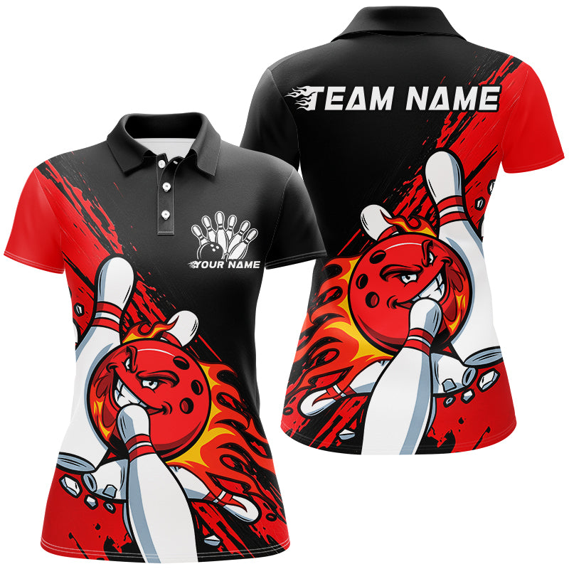 Black And Red Custom Funny Bowling Shirts, Flame Bowling Team Shirt Bowlers Outfits