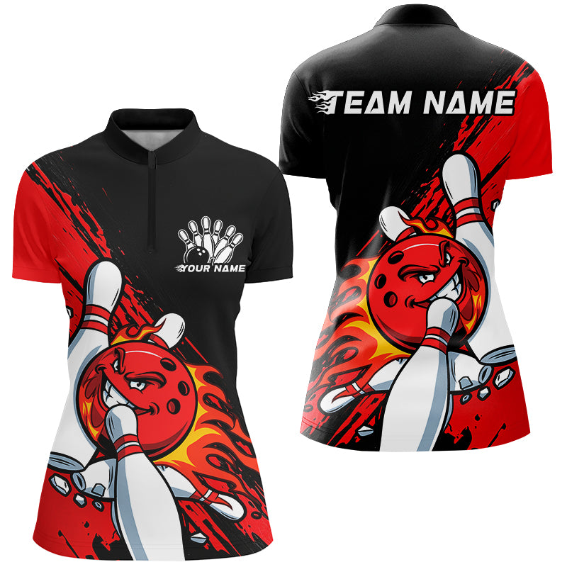 Black And Red Custom Funny Bowling Shirts, Flame Bowling Team Shirt Bowlers Outfits