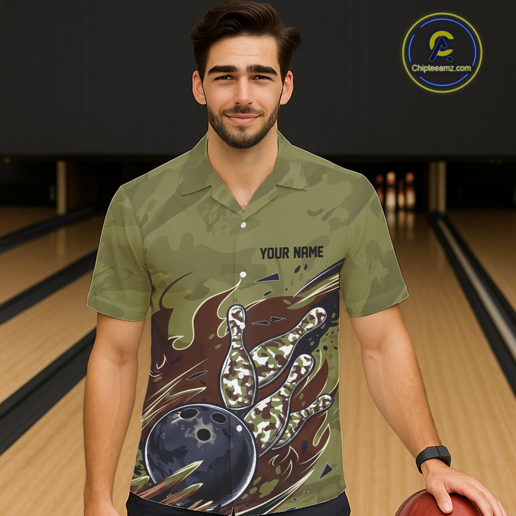 Custom Military Camo And Bowling Shirt, Patriotic Veteran Flame Camouflage Team Shirt