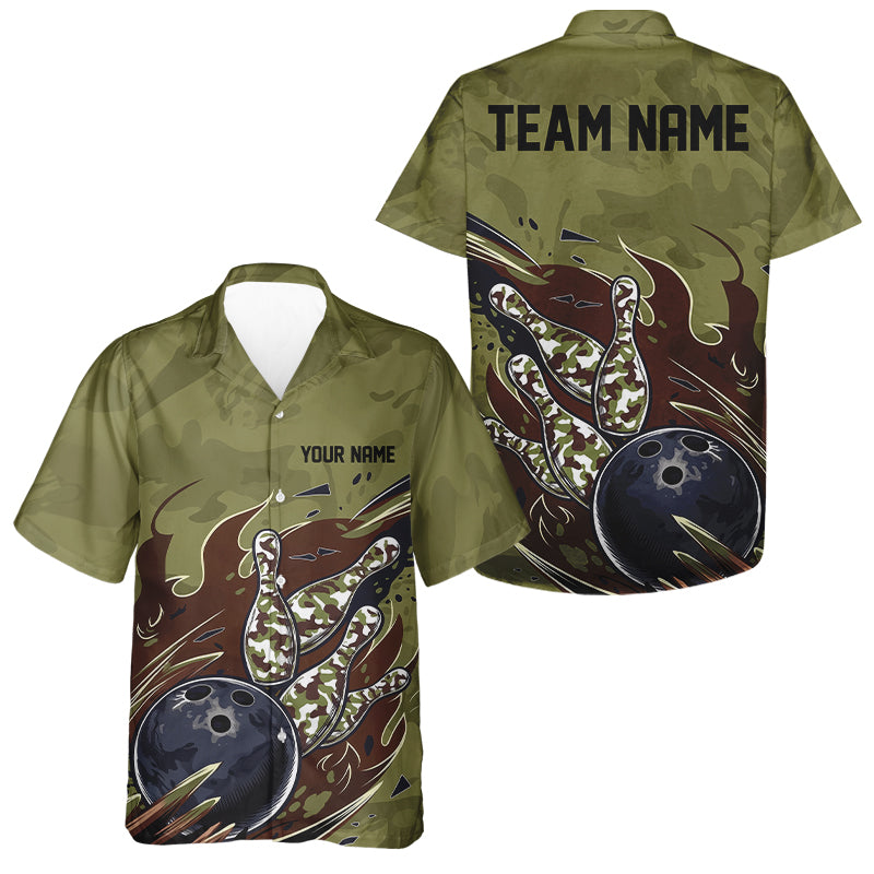 Custom Military Camo And Bowling Shirt, Patriotic Veteran Flame Camouflage Team Shirt