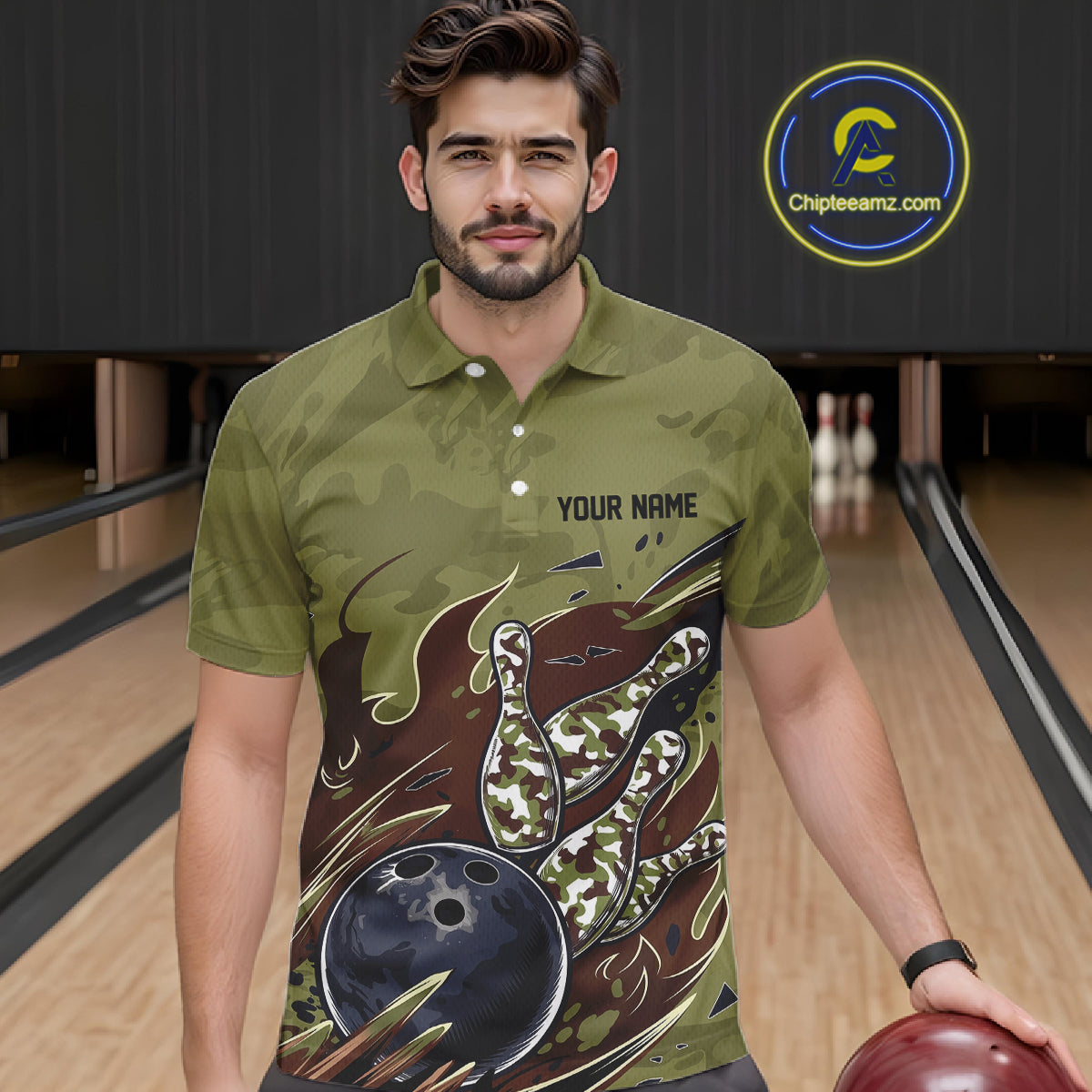 Custom Military Camo Bowling Polo Shirts, Patriotic Veteran Bowling Team Shirt