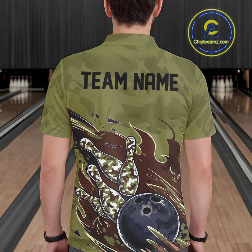 Custom Military Camo Bowling Polo Shirts, Patriotic Veteran Bowling Team Shirt