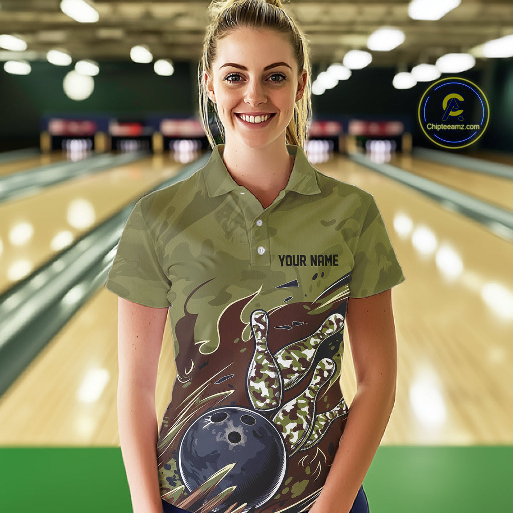 Custom Military Camo Bowling Polo Shirts, Patriotic Veteran Bowling Team Shirt