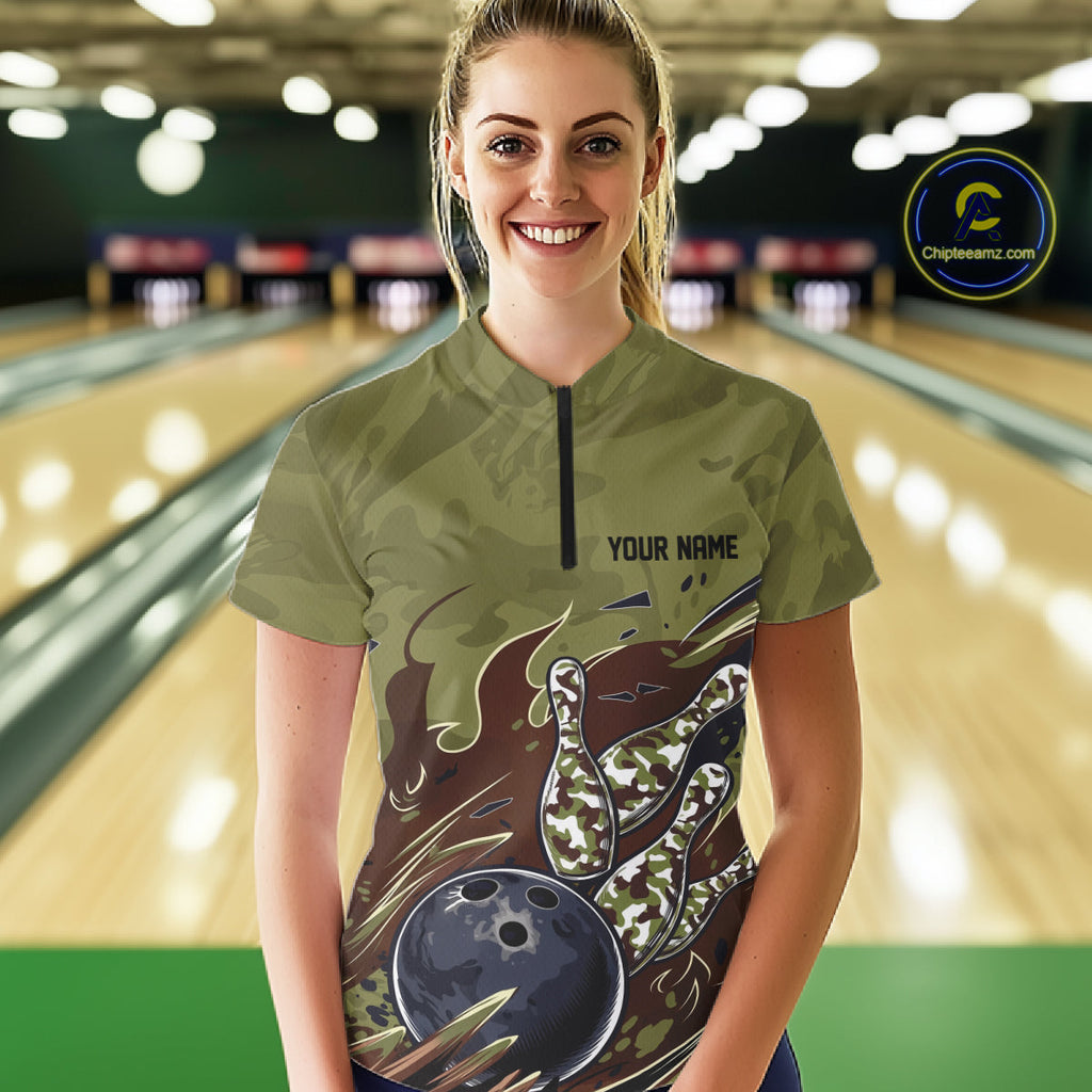 Custom Military Camo Bowling Quarter-Zip Shirts, Patriotic Bowling Team Shirt