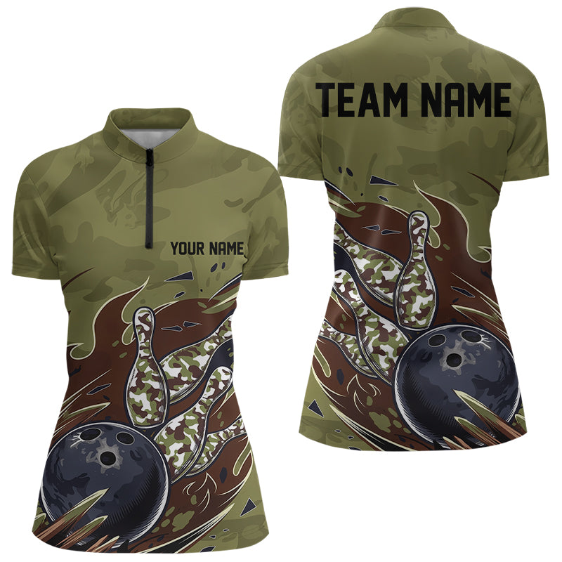 Custom Military Camo Bowling Quarter-Zip Shirts, Patriotic Bowling Team Shirt