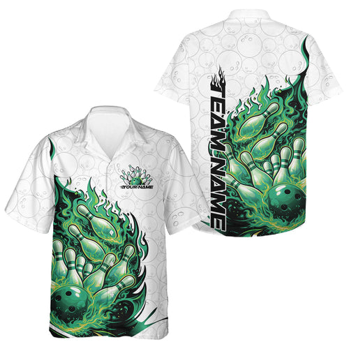 Cusom Green Flame Bowling And Hawaiian Team Shirt, Fire Bowling Tournament Jersey
