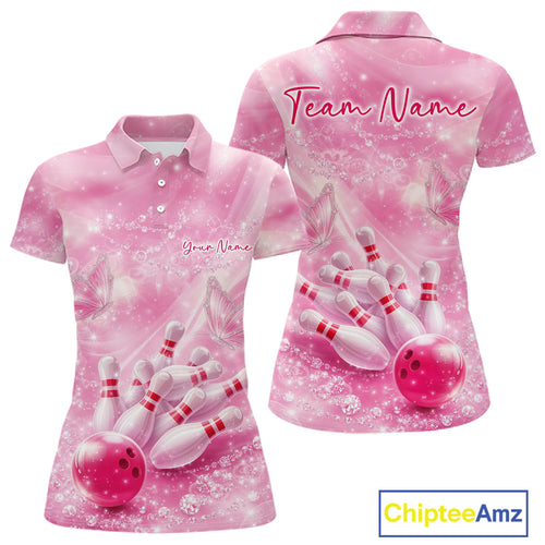 Custom Elegant Pink Butterfly And Diamond Bowling Polo Shirt, Outfit