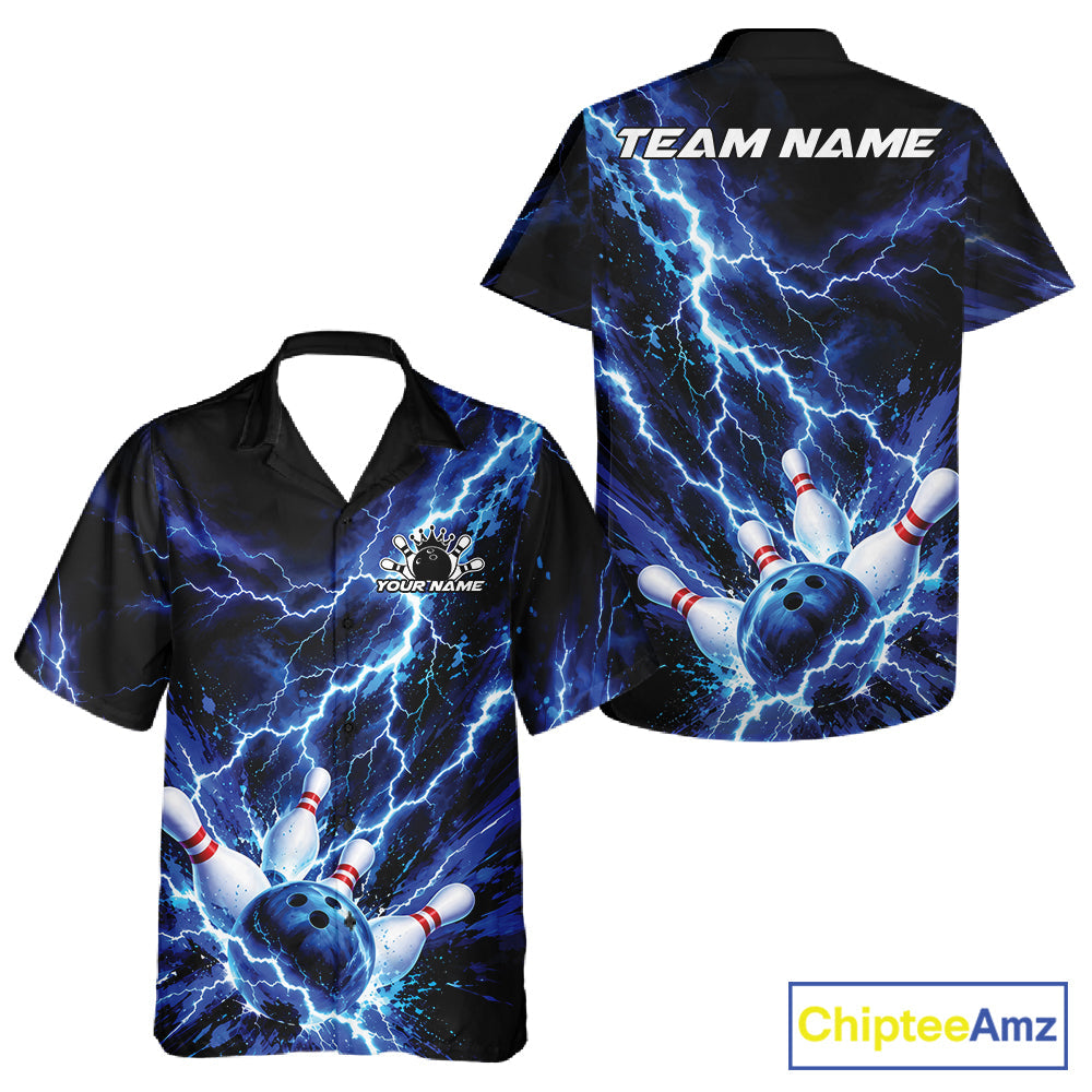 Custom Blue Lightning Bowling Team And Button Up Shirt, Bowling Tournament Jerseys