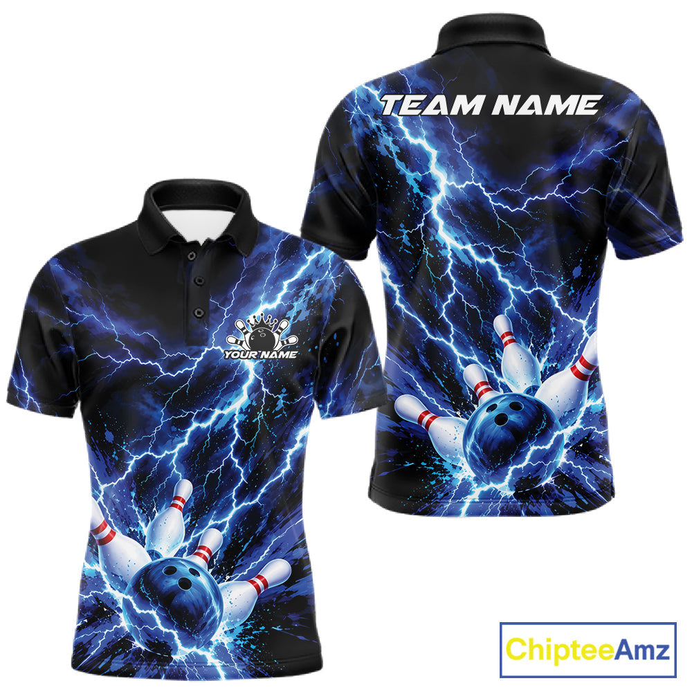 Custom Blue Lightning Bowling Team Polo Shirt, Bowling Tournament Jerseys