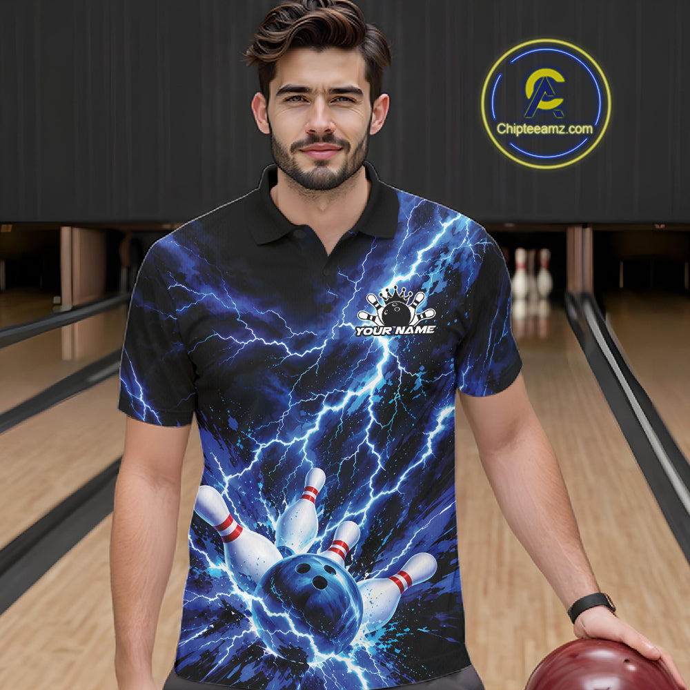 Custom Blue Lightning Bowling Team Polo Shirt, Bowling Tournament Jerseys