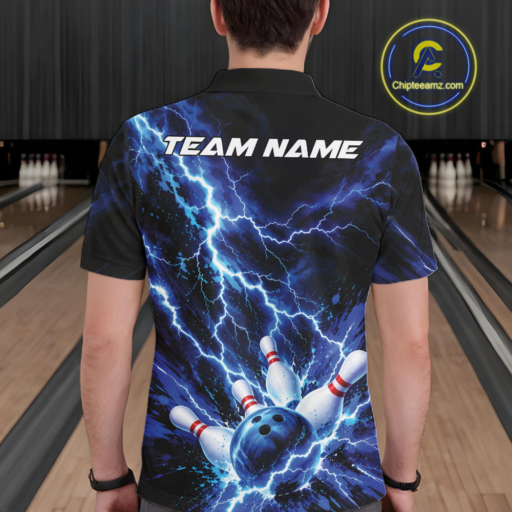 Custom Blue Lightning Bowling Team Polo Shirt, Bowling Tournament Jerseys