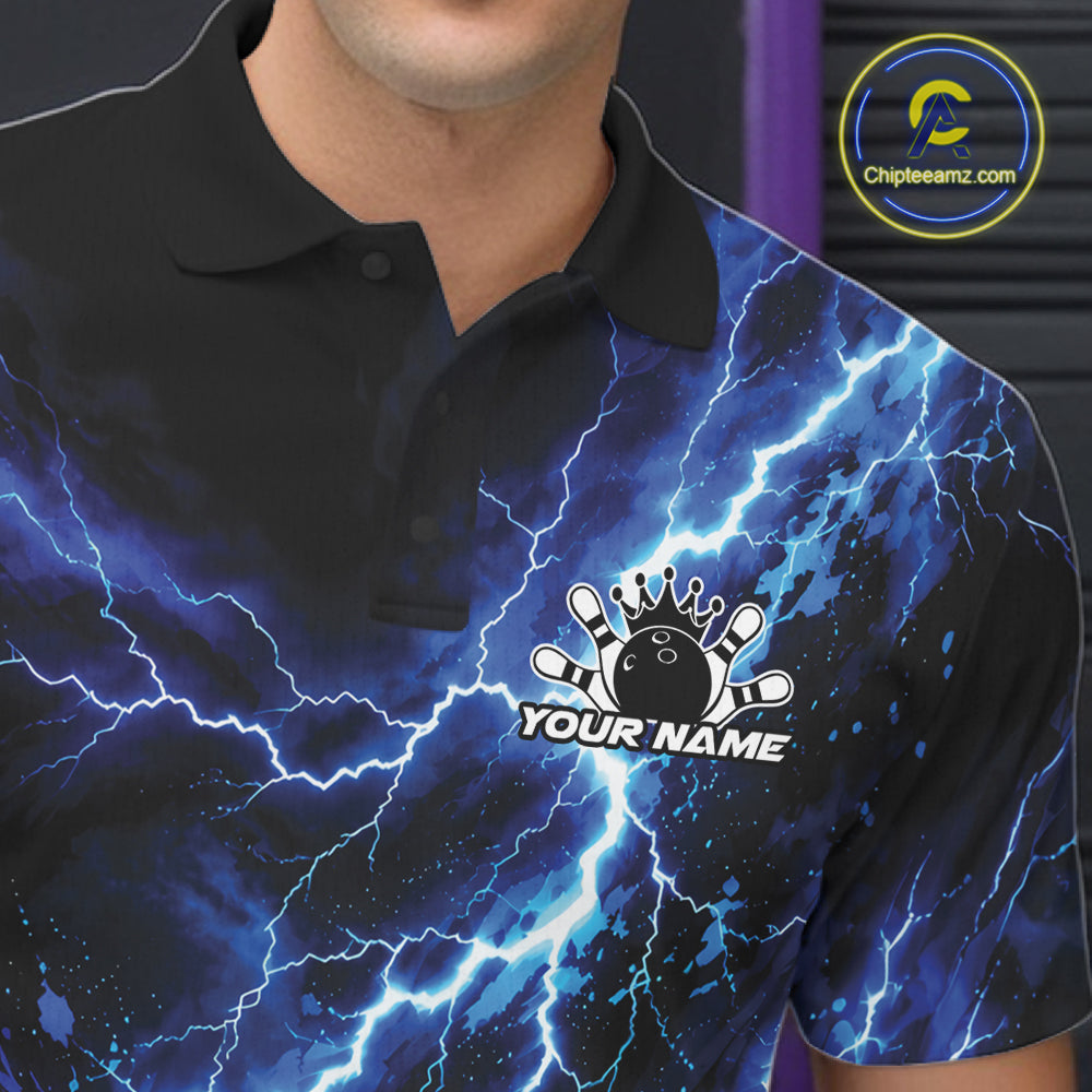 Custom Blue Lightning Bowling Team Polo Shirt, Bowling Tournament Jerseys