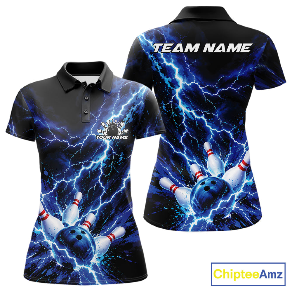 Custom Blue Lightning Bowling Team Polo Shirt, Bowling Tournament Jerseys
