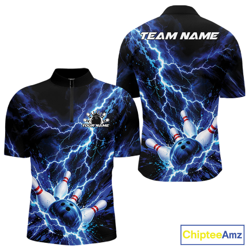 Custom Blue Lightning Bowling Team Quarter Zip Shirt, Bowling Tournament Jerseys