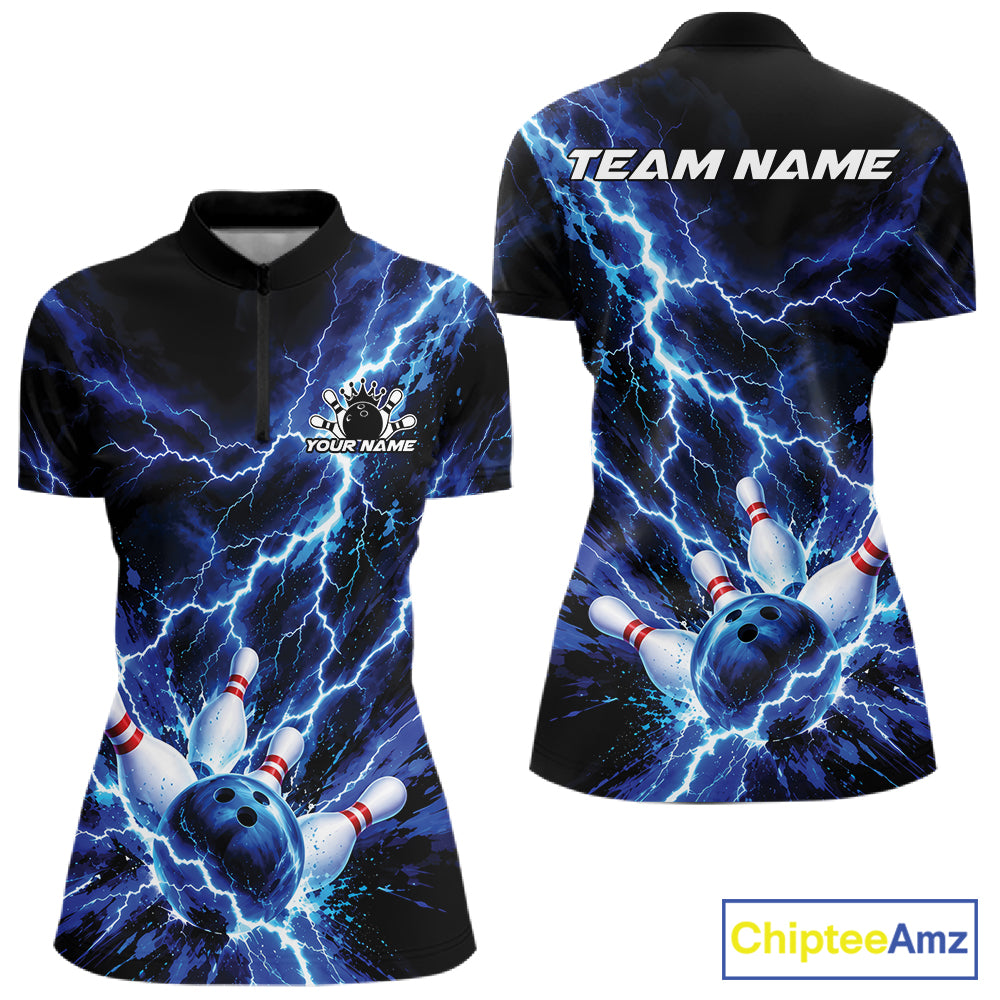 Custom Blue Lightning Bowling Team Quarter-Zip Shirt, Bowling Tournament Jerseys