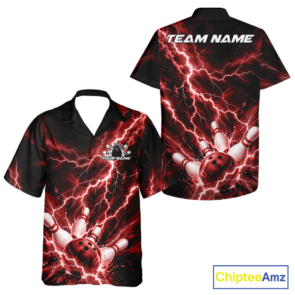 Custom Red Lightning Bowling Team And Button Up Shirt, Bowling Tournament Jerseys