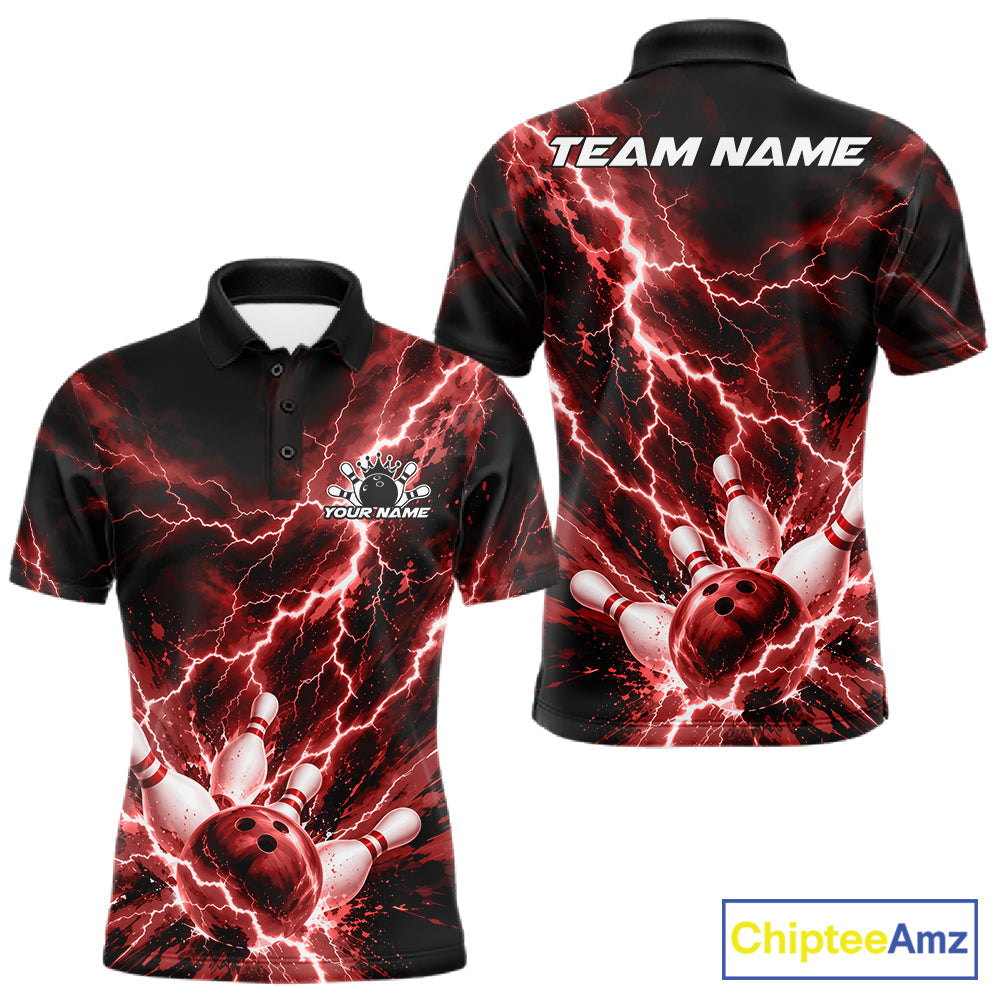 Custom Red Lightning Bowling Team Polo Shirt, Bowling Tournament Jerseys