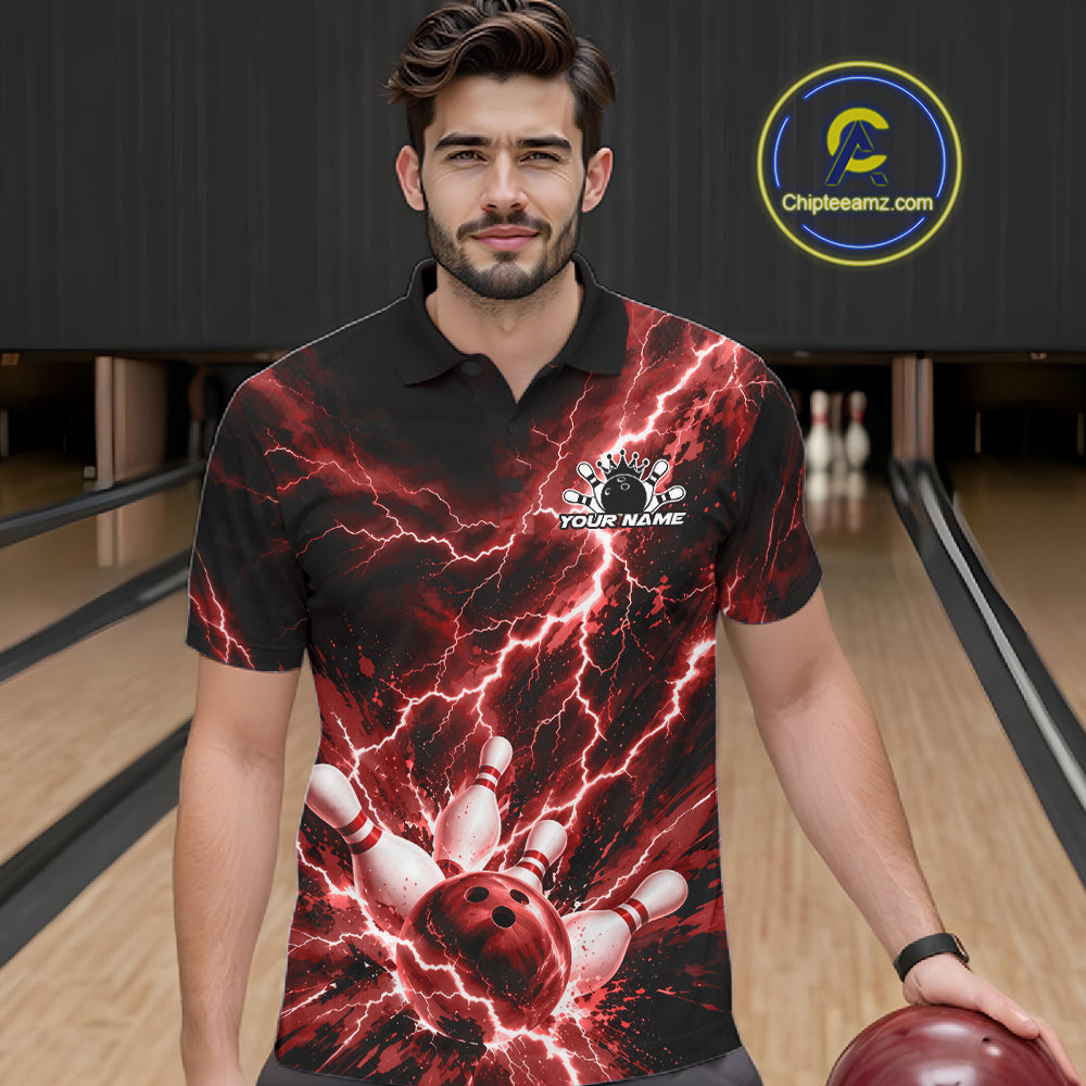 Custom Red Lightning Bowling Team Polo Shirt, Bowling Tournament Jerseys