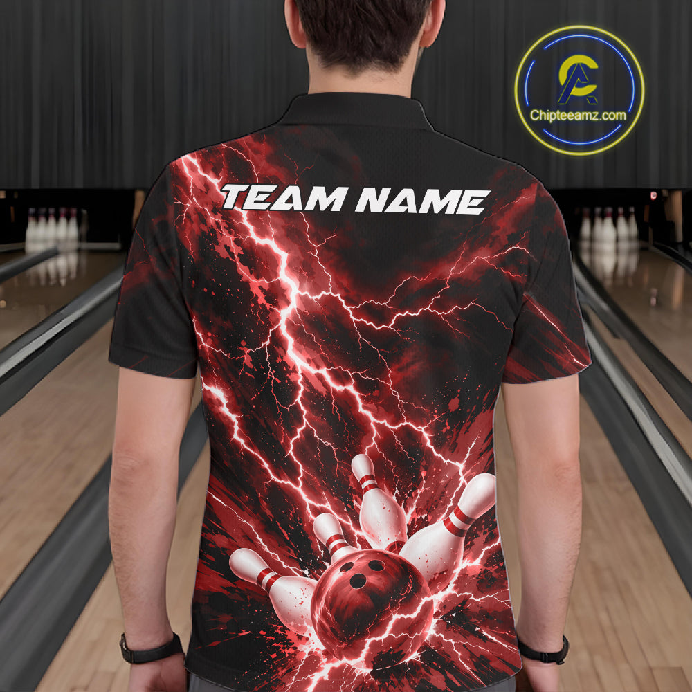 Custom Red Lightning Bowling Team Polo Shirt, Bowling Tournament Jerseys