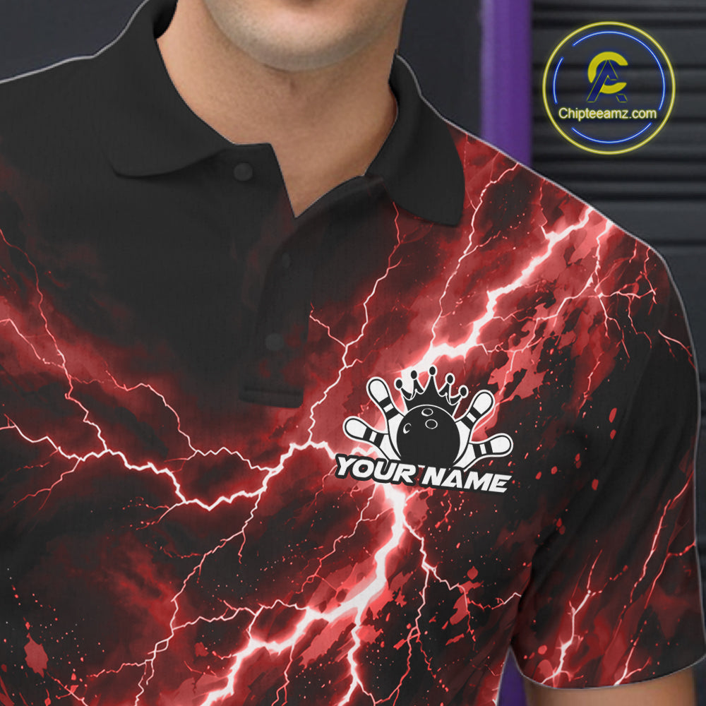 Custom Red Lightning Bowling Team Polo Shirt, Bowling Tournament Jerseys