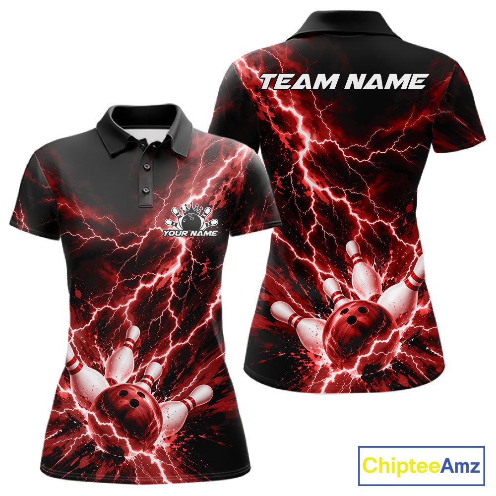 Custom Red Lightning Bowling Team Polo Shirt, Bowling Tournament Jerseys