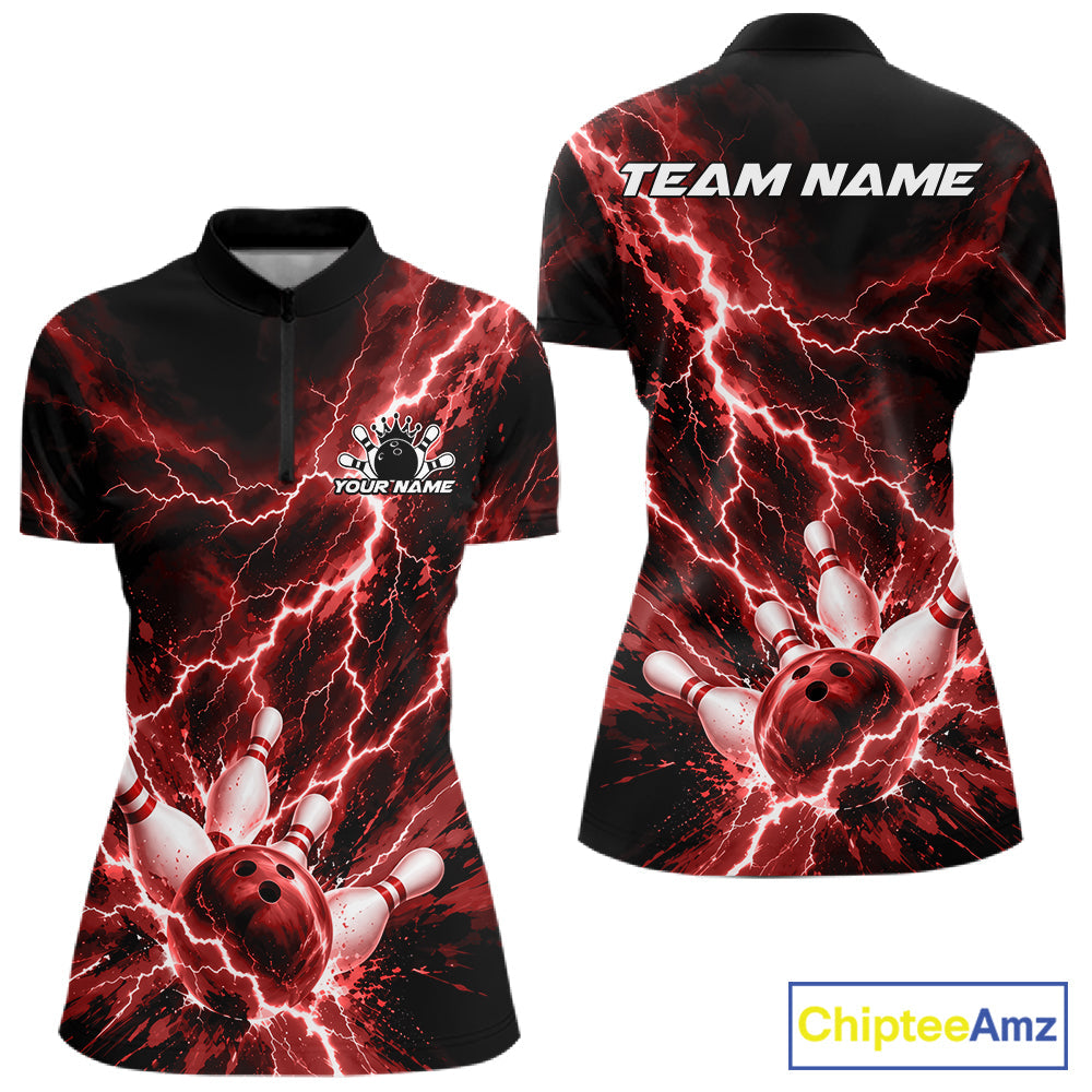 Custom Red Lightning Bowling Team Quarter-Zip Shirt, Bowling Tournament Jerseys