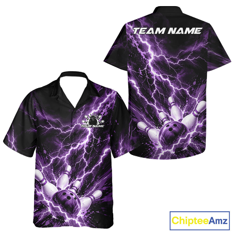 Custom Purple Lightning Bowling Team And Button Up Shirt, Bowling Tournament Jerseys