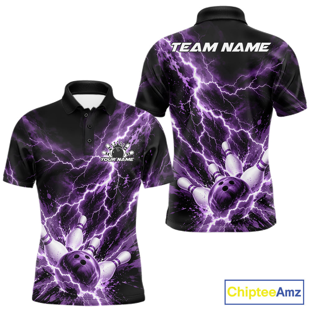 Custom Purple Lightning Bowling Team Polo Shirt, Bowling Tournament Jerseys