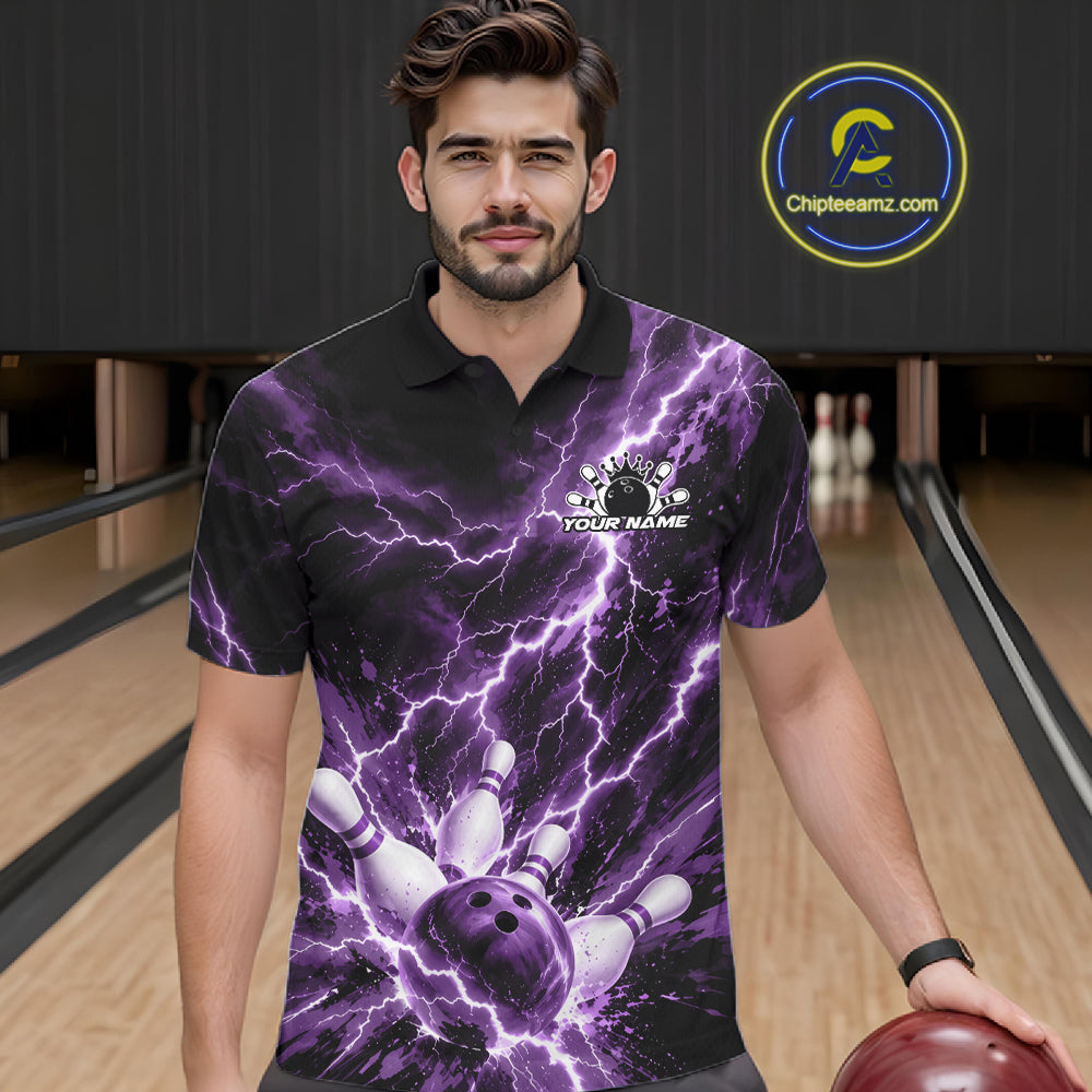 Custom Purple Lightning Bowling Team Polo Shirt, Bowling Tournament Jerseys