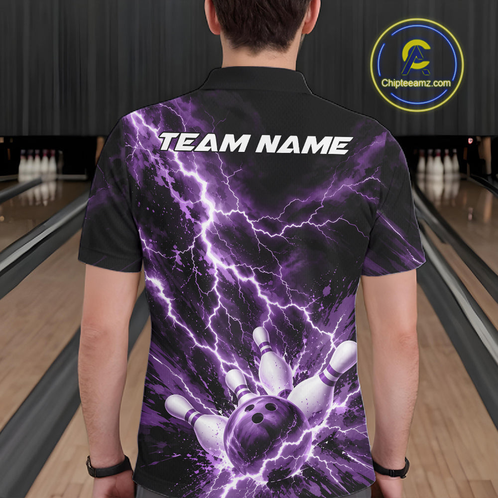 Custom Purple Lightning Bowling Team Polo Shirt, Bowling Tournament Jerseys
