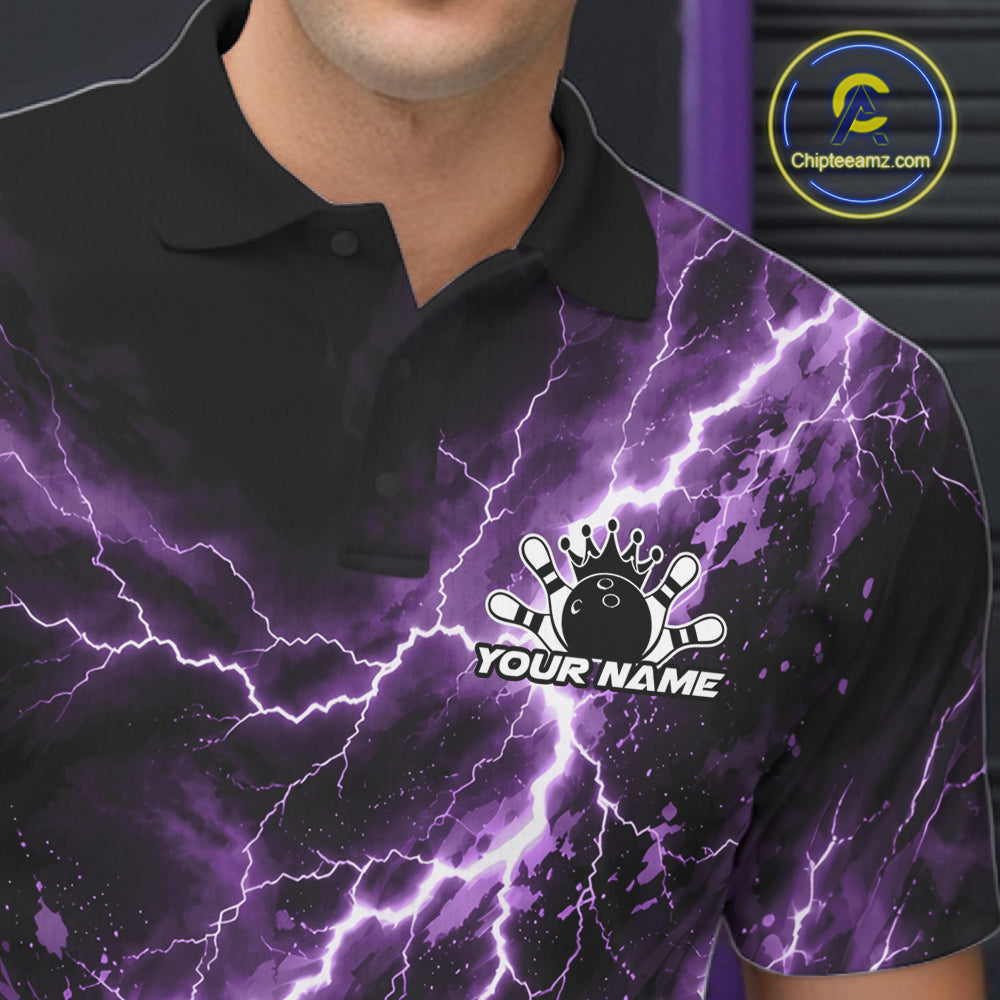 Custom Purple Lightning Bowling Team Polo Shirt, Bowling Tournament Jerseys