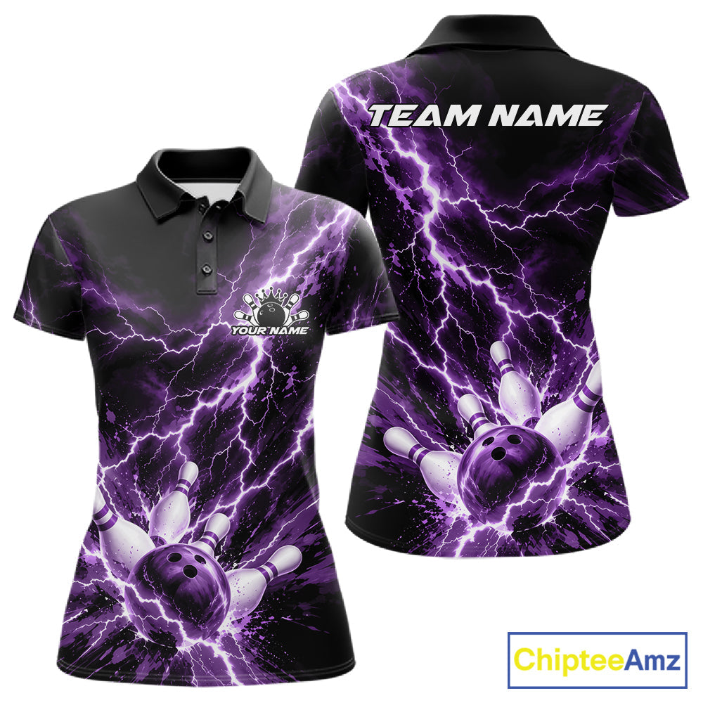 Custom Purple Lightning Bowling Team Polo Shirt, Bowling Tournament Jerseys