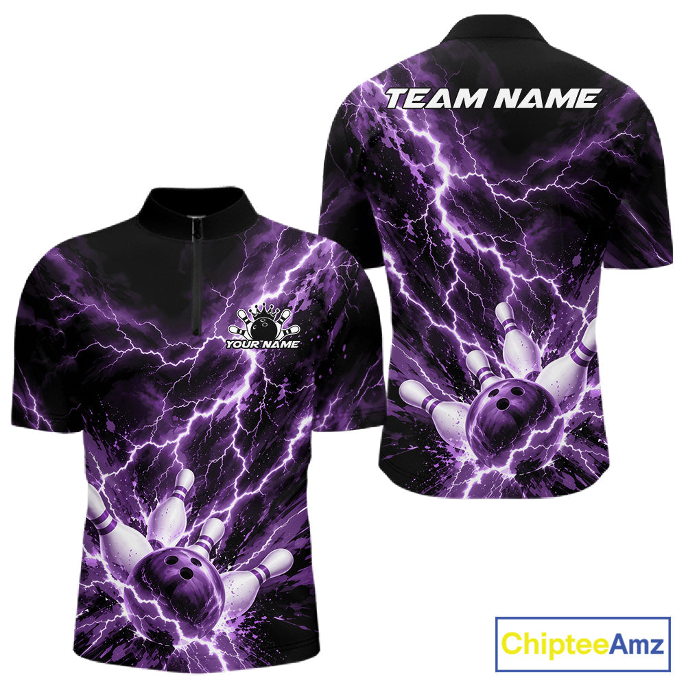 Custom Purple Lightning Bowling Team Quarter Zip Shirt, Bowling Tournament Jerseys