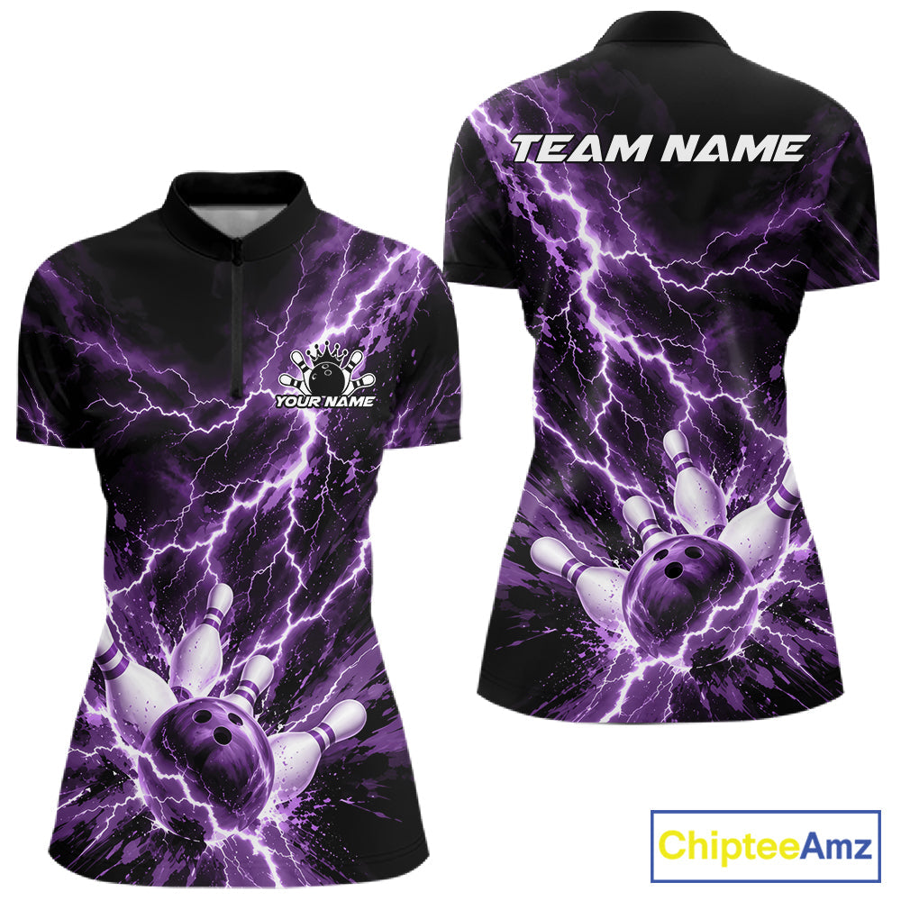 Custom Purple Lightning Bowling Team Quarter-Zip Shirt, Bowling Tournament Jerseys