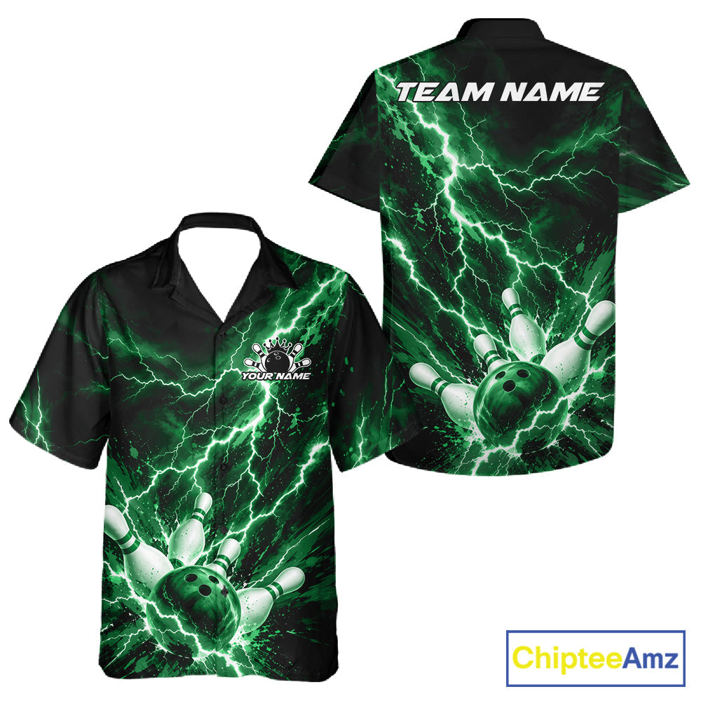 Custom Green Lightning Bowling Team And Button Up Shirt, Bowling Tournament Jerseys